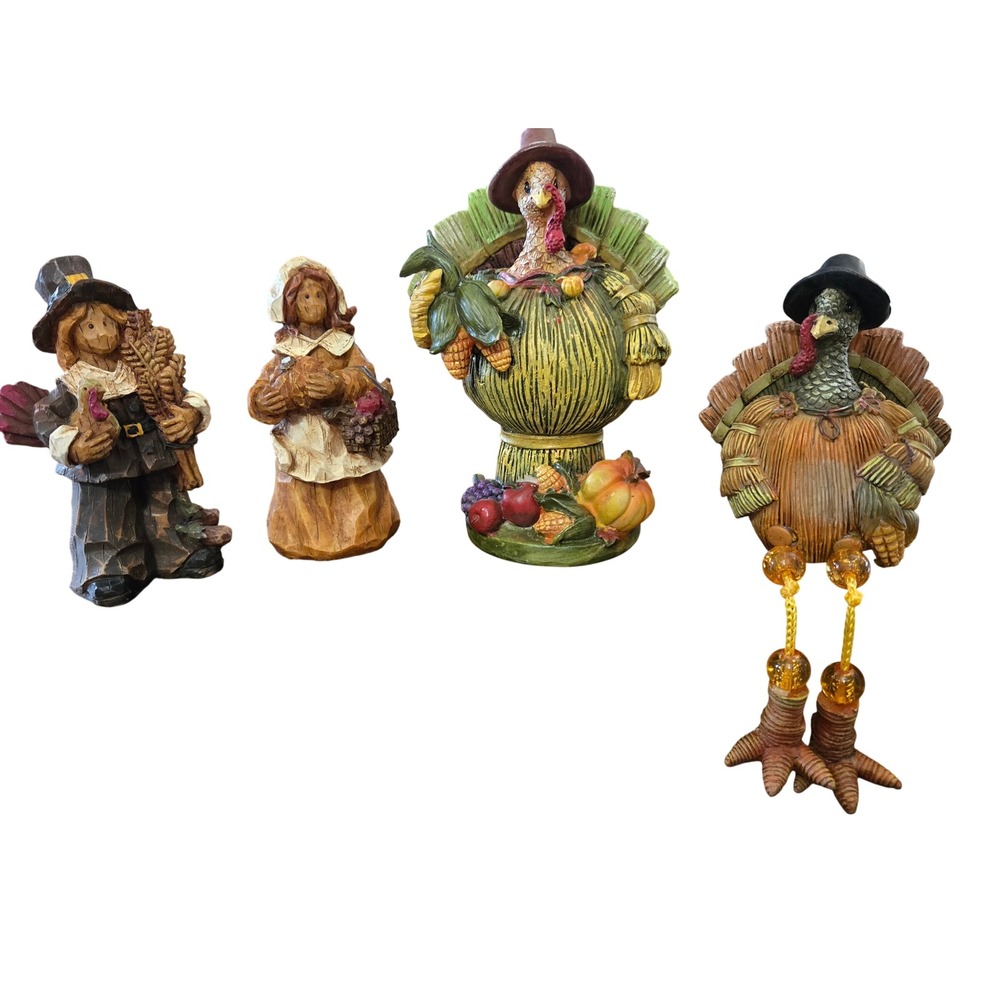 Thanksgiving Boho Figurine Set 4pc Pilgrims Turkeys Shelf Sitter Harvest Decor